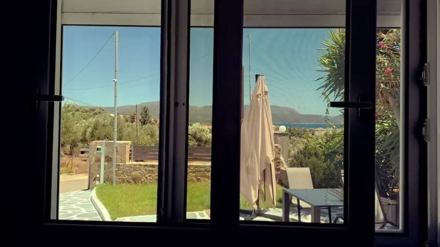 View from the house across the courtyard to the hills beyond