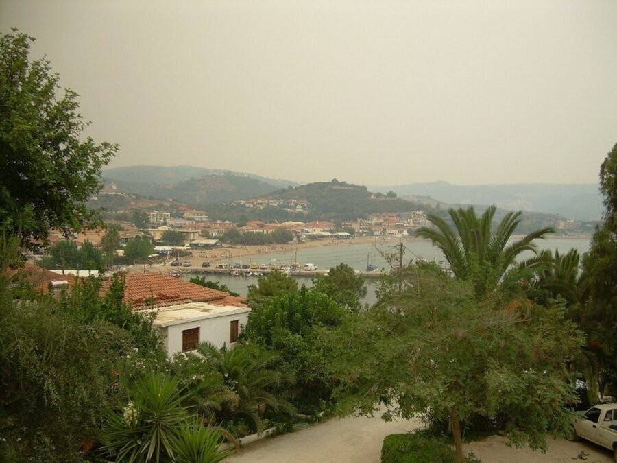View down over Finikounda and its bay