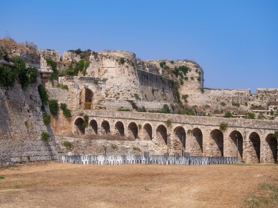 The great walls and arched bridge of the fortress at Methoni